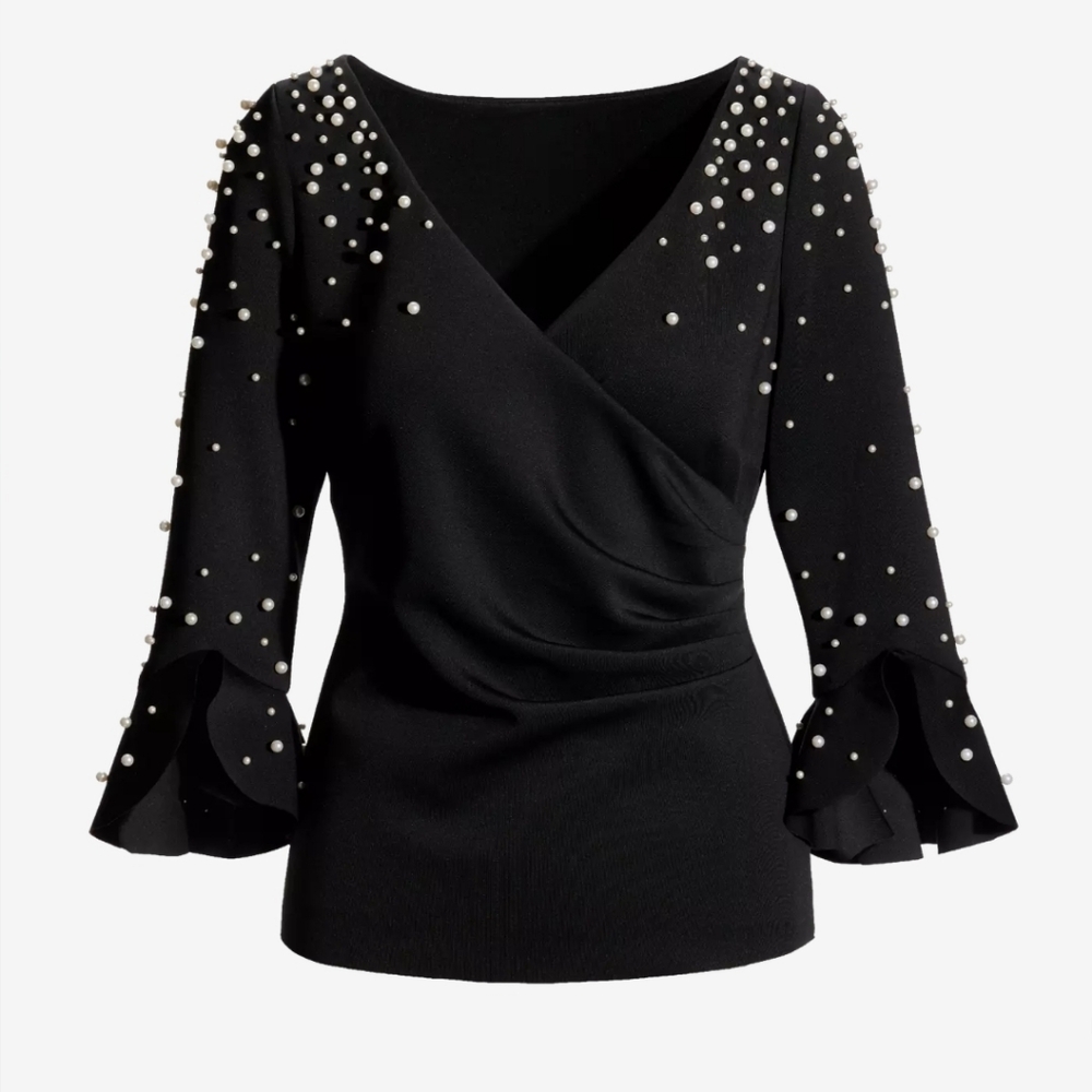 Boston Proper Black Pearl-Embellished Wrap Blouse